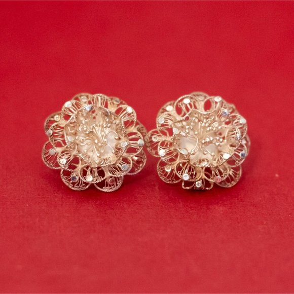 Vintage Intricate Sterling Silver Stylish Floral Stud Earrings - F48 - Picture 1 of 3